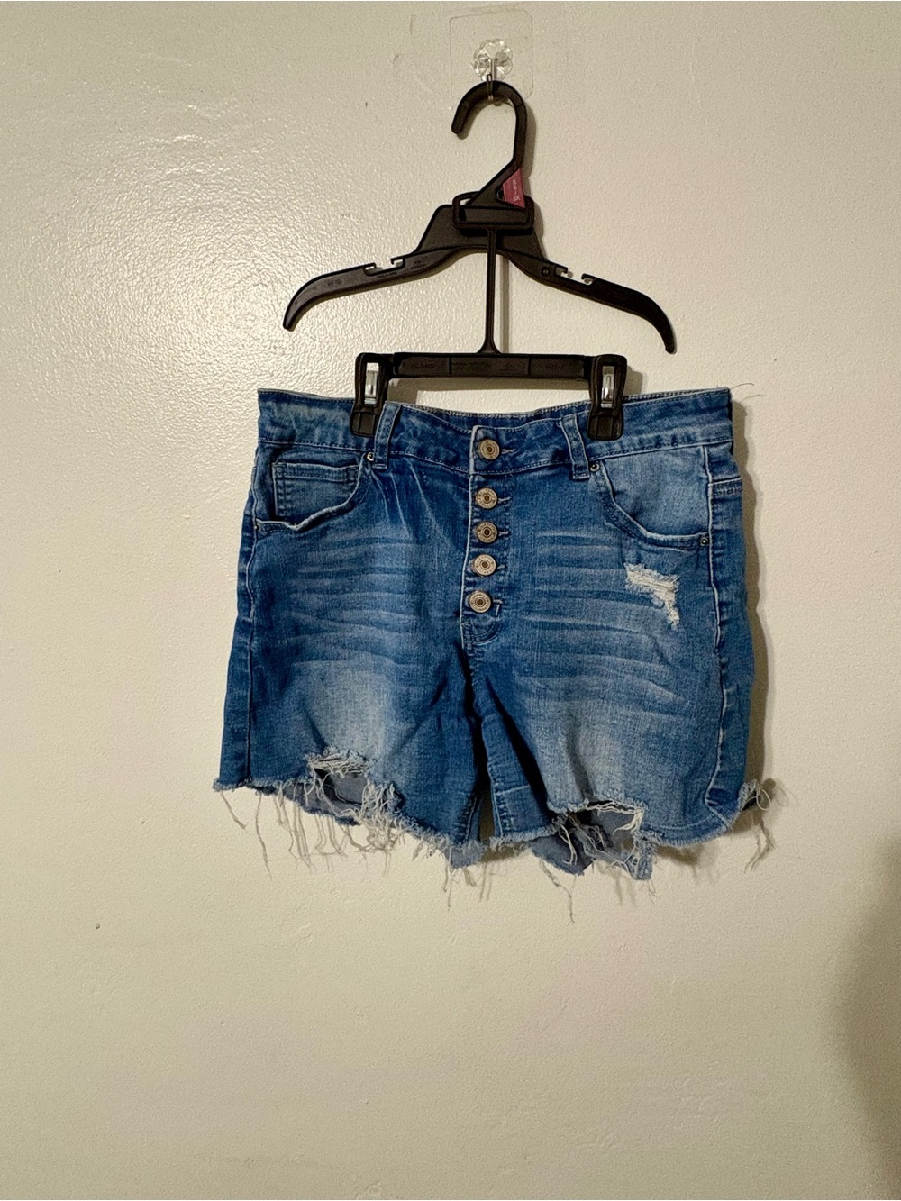 High-Rise Distressed Button-Fly Jean Shorts - Blue